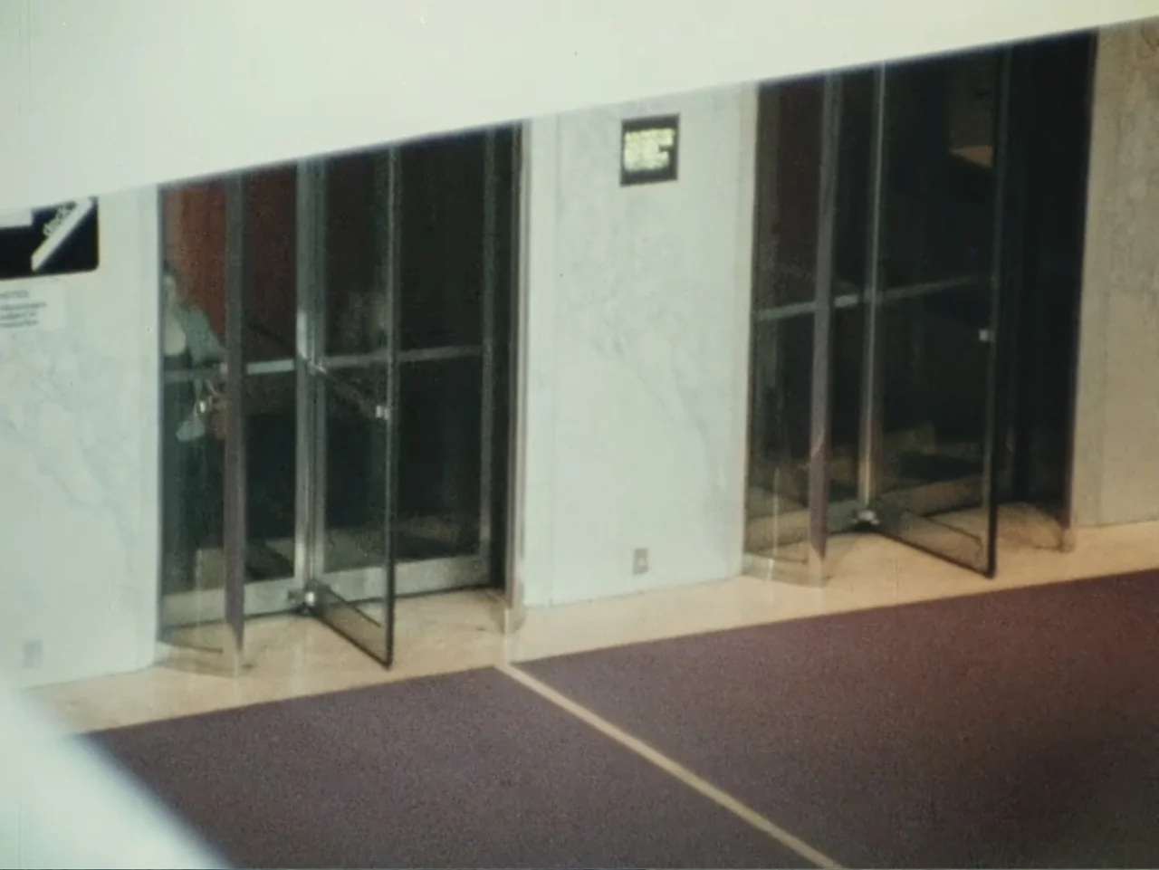 Born in Flames (1983) movie still: medium — An interior lobby features white marble walls and a dark purple carpet floor. A person stands partially…
