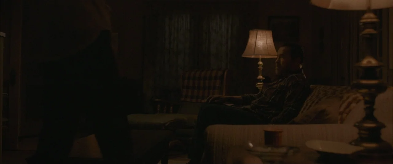 Maggie (2015) movie still: medium — A dimly lit residential living room with a couch and table lamps. A man sits on the sofa while an out-of-focus…