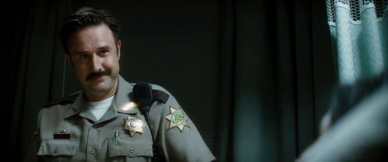 Scream 4 (2011) movie still: medium — A dimly lit room with dark curtains and a medical privacy curtain visible. A police deputy stands in his…