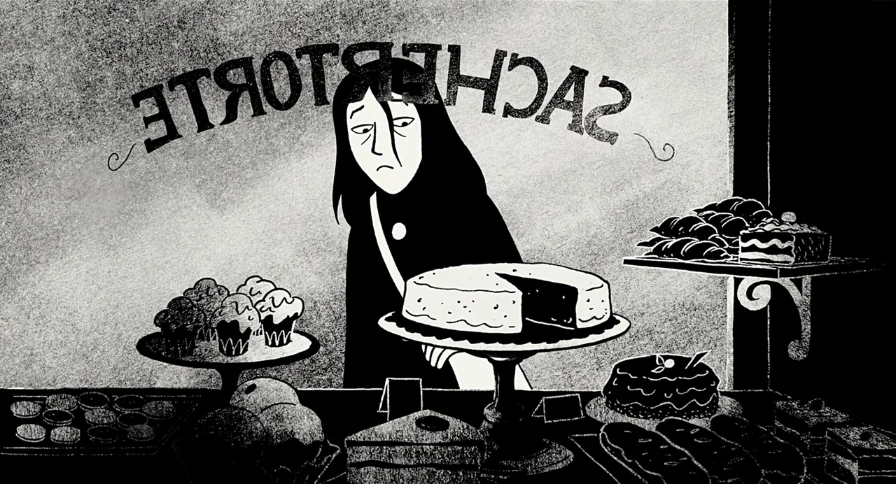 Persepolis (2007) movie still: medium — A stark black and white bakery display case features various cakes and pastries arranged. A young woman with…