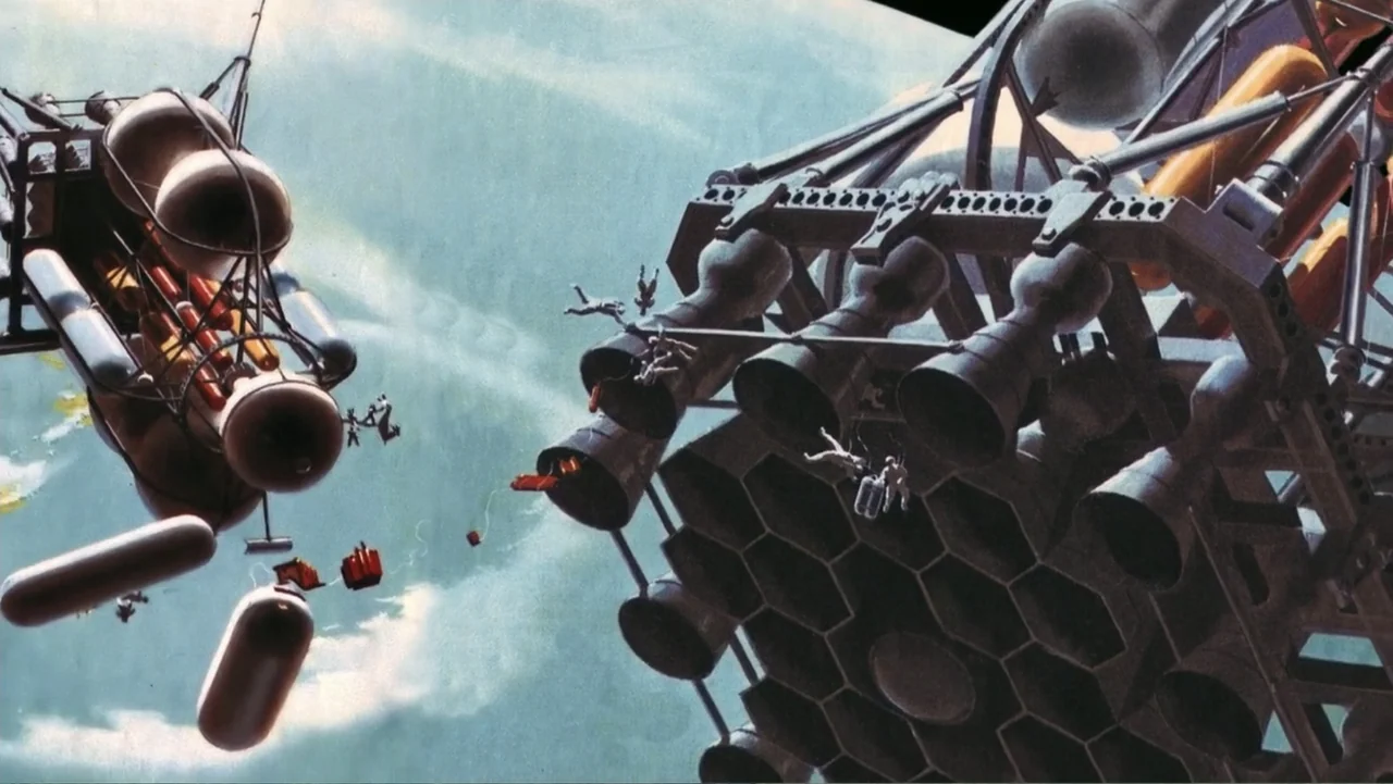 Chesley Bonestell: A Brush with the Future (2018) movie still: wide — A vast expanse of outer space contains two large interconnected modular space…