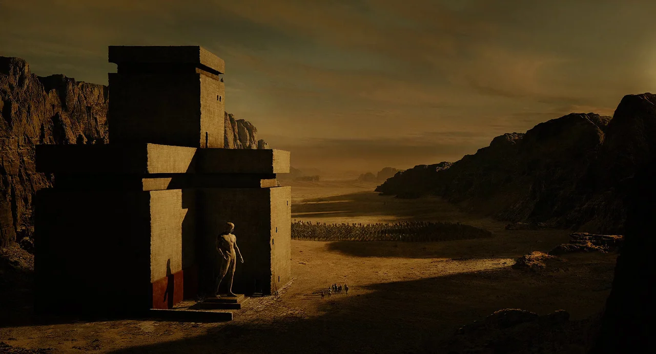 The Immortals (2011) movie still: establishing — A monolithic stone building with a statue stands in a vast, arid canyon landscape. A large crowd of…