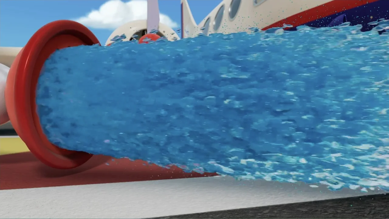 PAW Patrol: Air Rescue (2025) movie still: medium — An outdoor tarmac area features a white and blue airplane in the background. A large red nozzle…