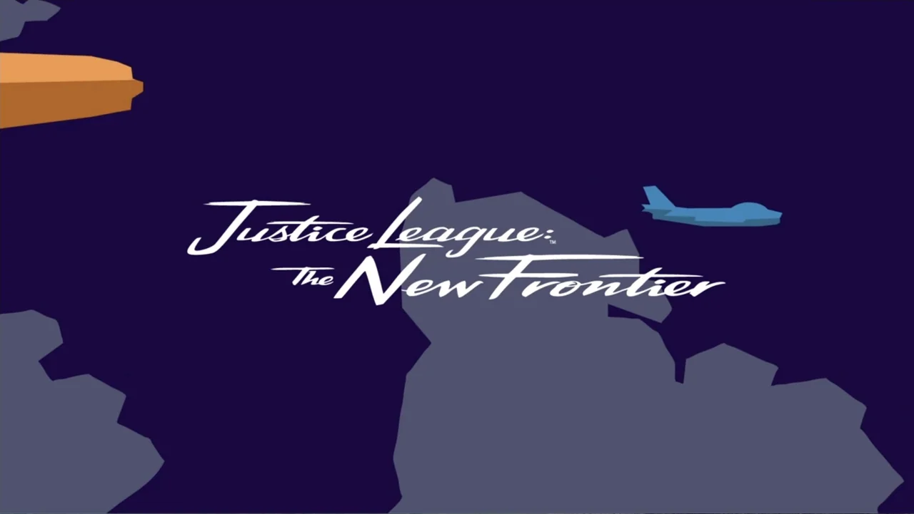Justice League: The New Frontier (2008) movie still: establishing — A flat 2D animation graphic shows a dark purple sky with stylized clouds. A…