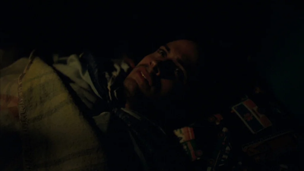 The Science Of Sleep (2006) movie still: closeup — A dark, dimly lit environment features a person lying under a heavy patterned blanket. The…