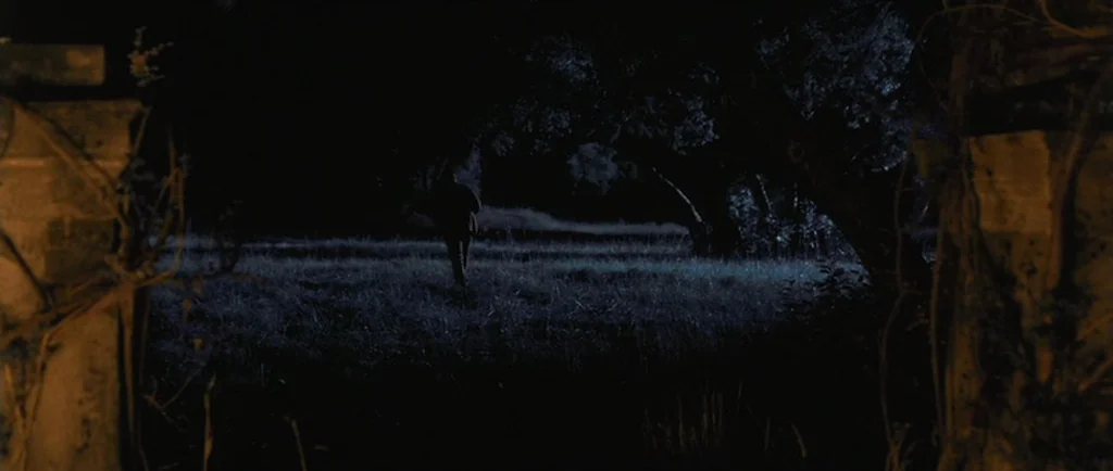 O Brother, Where Art Thou? (2000) movie still: wide — A dark field is framed by two stone columns covered in overgrown vines at night. A lone figure…