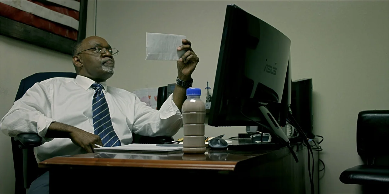 7th & Union (2021) movie still: medium — An office environment with a desk containing a computer and a plastic bottle. A man in a dress shirt sits…