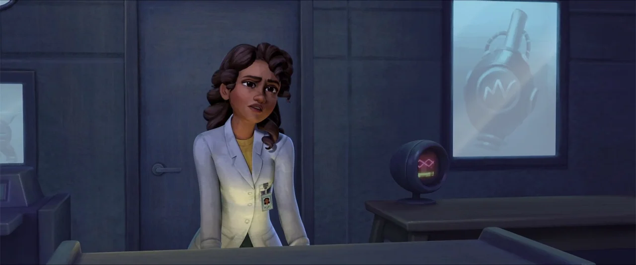 LEGO DC Super Hero Girls: Super-Villain High (2018) movie still: medium — A dimly lit laboratory with industrial doors and technical monitoring…