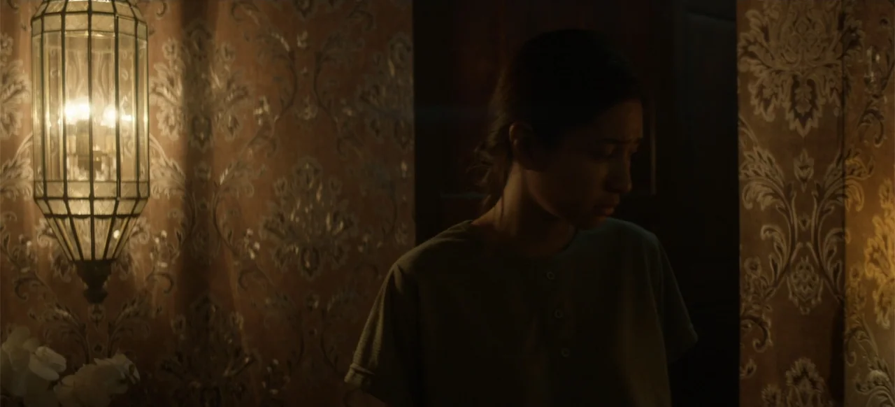 A Thousand Days (2023) movie still: medium — An interior space features patterned brown wallpaper and a vintage glass wall lantern. A young woman…