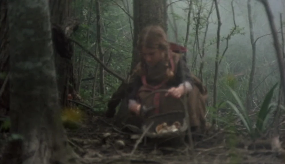 The Beguiled (1971) movie still: medium — A dense, foggy woodland area with thick trees and low ground vegetation. A young girl with braided hair…