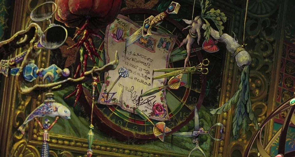 Howl’s Moving Castle (2004) movie still: closeup — A dense collection of hanging herbs, daggers, and scissors overlays an ornate antique clock. A…