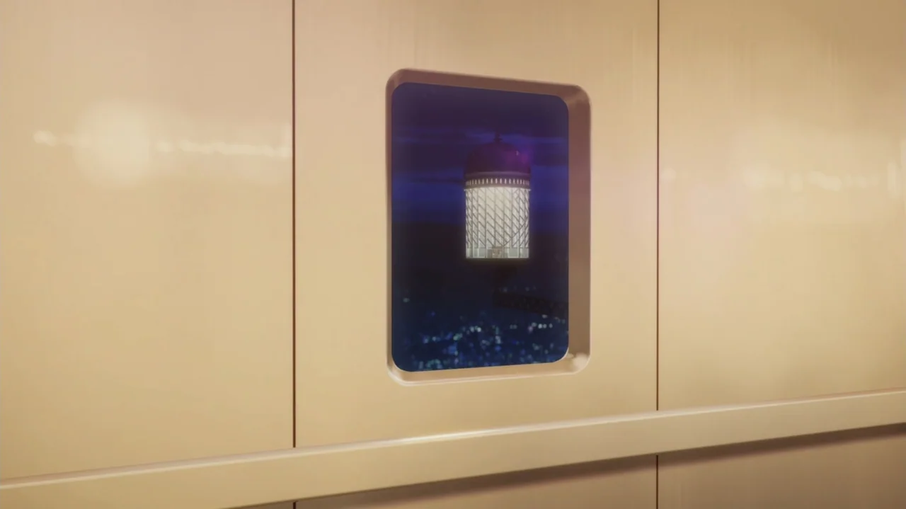 Napping Princess (2017) movie still: establishing — An interior train wall features a vertical window showing a nighttime cityscape view. A distant…
