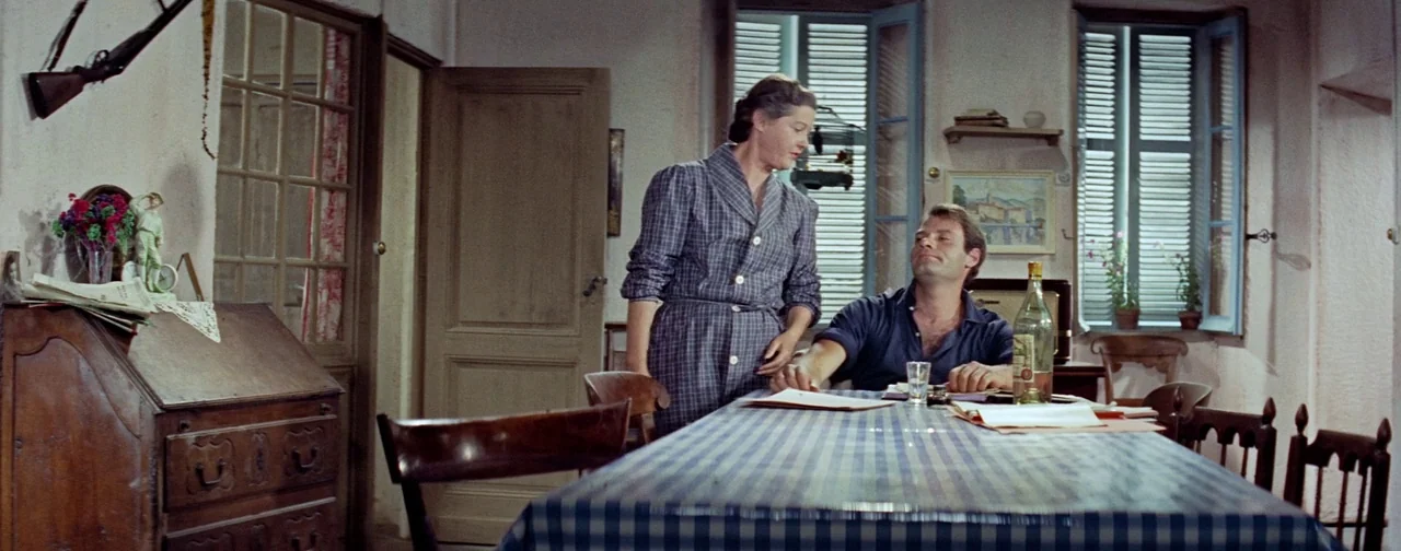 And God Created Woman (1956) movie still: wide — A rustic dining room features a blue checkered tablecloth and wooden furniture. A woman stands over…
