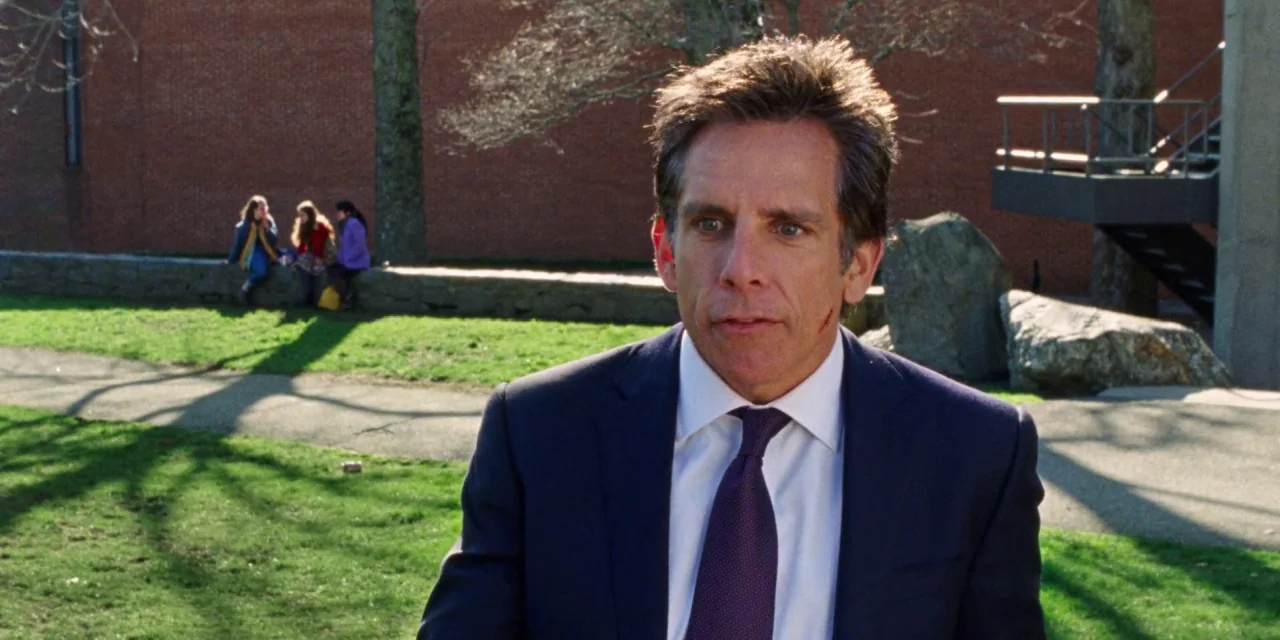 The Meyerowitz Stories (New and Selected) (2017) movie still: medium — A grassy area on a university campus features stone walls and sparse bare…