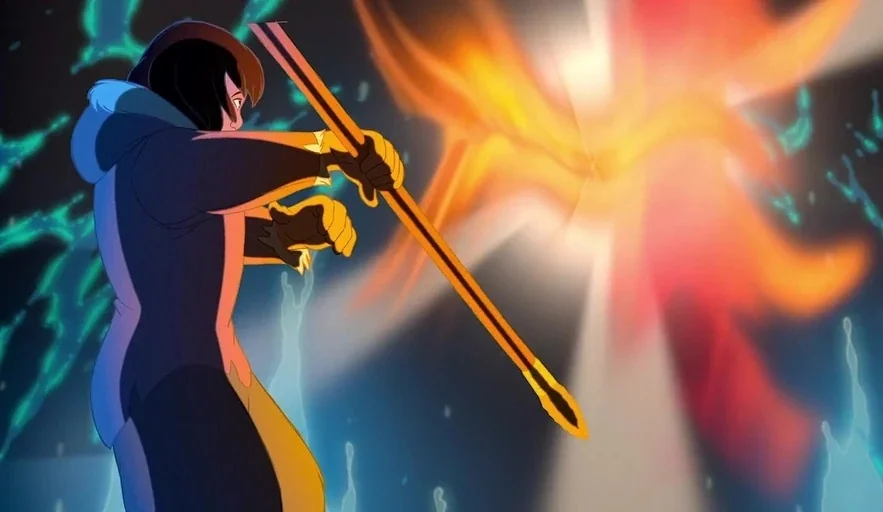 Brother Bear (2003) movie still: medium — A dark, stylized environment filled with abstract blue light and sharp orange highlights. A young woman in…
