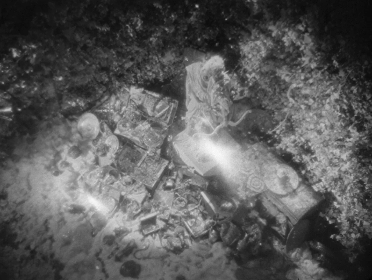 La Belle et la Bête (1946) movie still: wide — A collection of miscellaneous personal items lies scattered across dark, leafy woodland undergrowth.…
