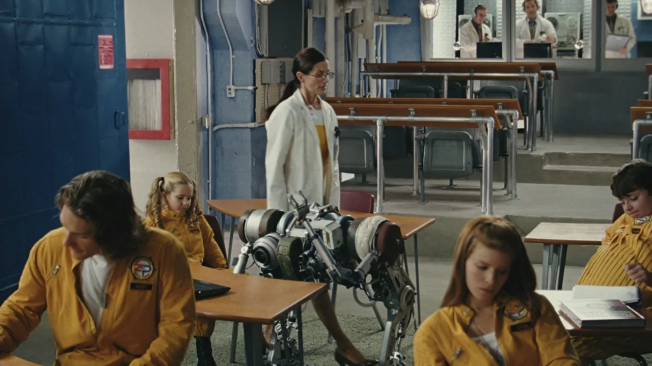 Zoom (2006) movie still: medium — An industrial-style classroom features rows of wooden desks and blue-painted concrete walls. A teacher walks past…