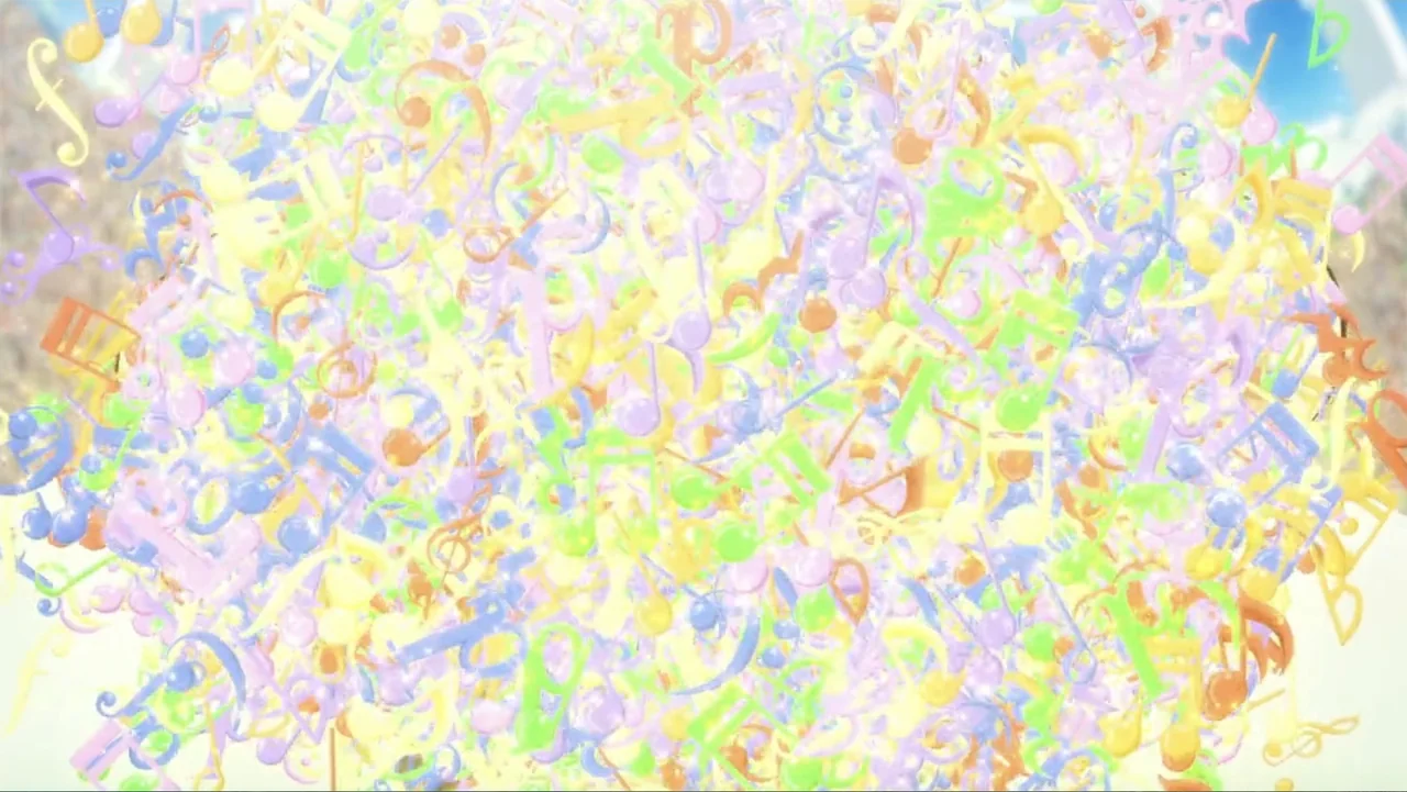 One Piece Film Red (2022) movie still: closeup — A dense collection of colorful floating musical symbols fills the entire frame. The background…