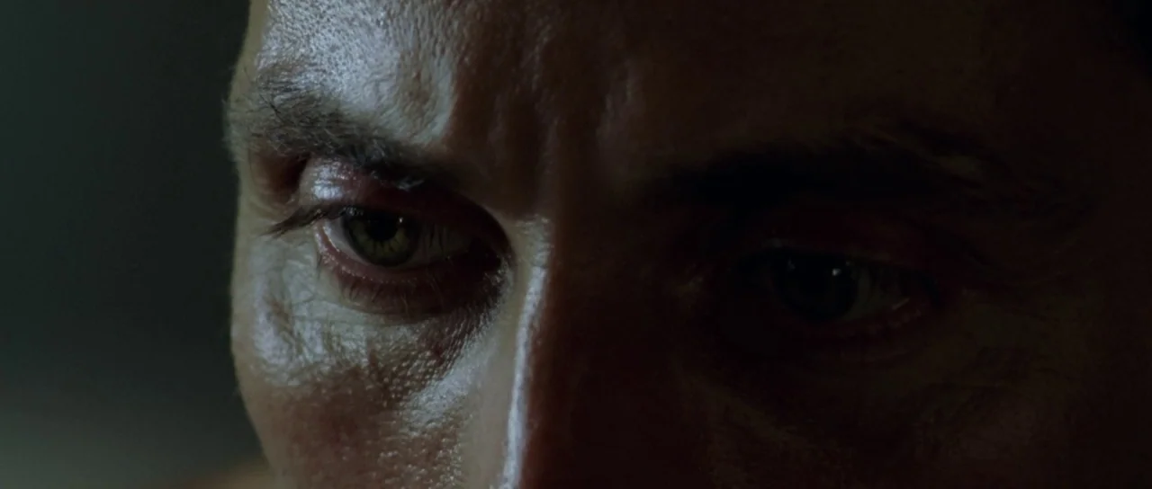 Vinyan (2008) movie still: closeup — A close-up view shows a man's eyes and brow in a dimly lit space. The skin texture is clearly visible under…