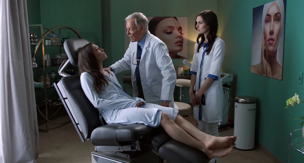 Nightmare Cinema movie still: fullbody — A medical consultation room features green walls decorated with plastic surgery posters and photos. An…