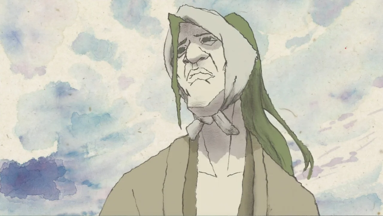 Batman Ninja vs. Yakuza League (2025) movie still: closeup — A watercolor-style painting depicts an elderly person against a painted cloud-filled…