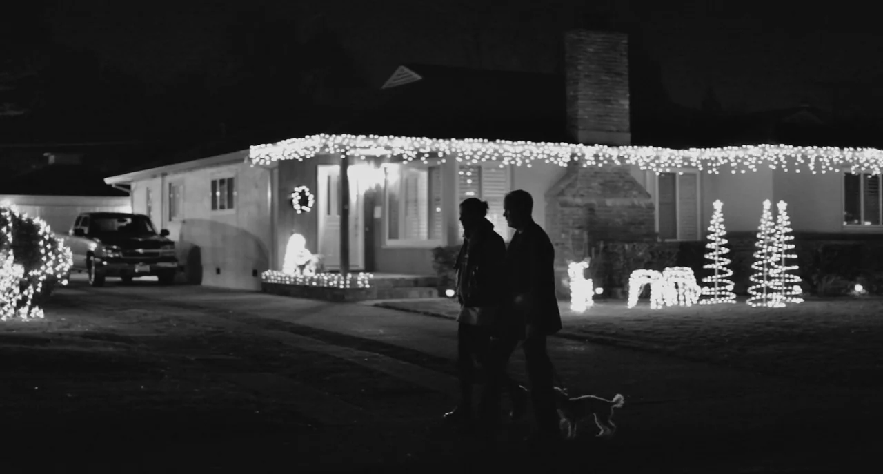 Frances Ha (2012) movie still: wide — A suburban home is decorated for the holidays with bright string lights at night. A couple walks a small dog…