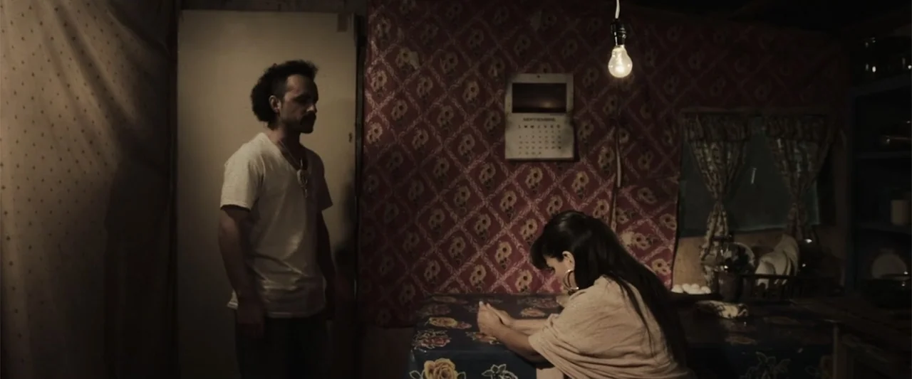 At Dawn (2013) movie still: medium — A dimly lit room features walls covered in patterned red and brown fabric. A man stands still in the background…