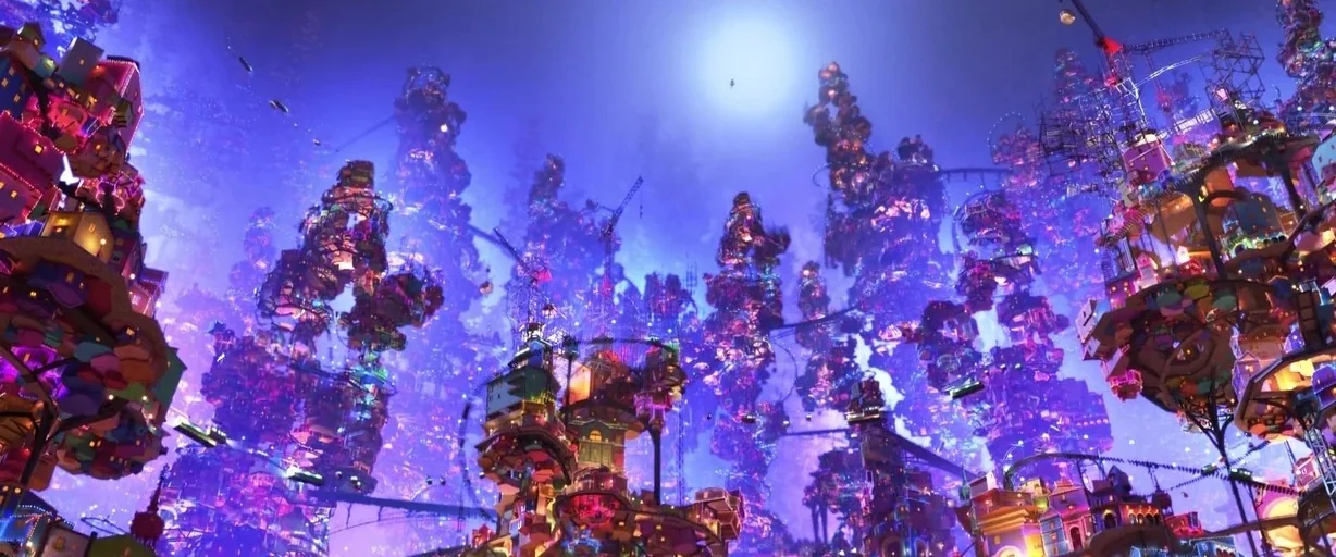 Coco (2017) movie still: establishing — A complex vertical metropolis consists of colorful dwellings perched atop massive, floating rock pillars.…