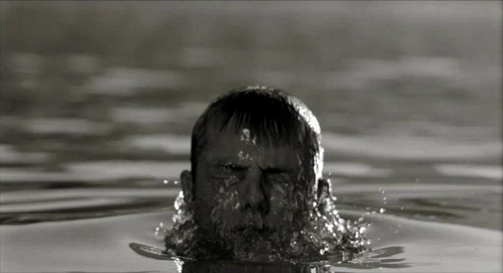 The Fall movie still: closeup — A man's head emerges from a body of dark, rippling water. The subject has his eyes closed while water drips down his…