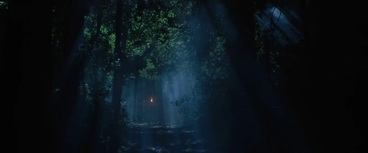 Rosaline (2022) movie still: wide — A dense dark forest filled with volumetric light shafts from overhead. A distant figure holds a small flickering…