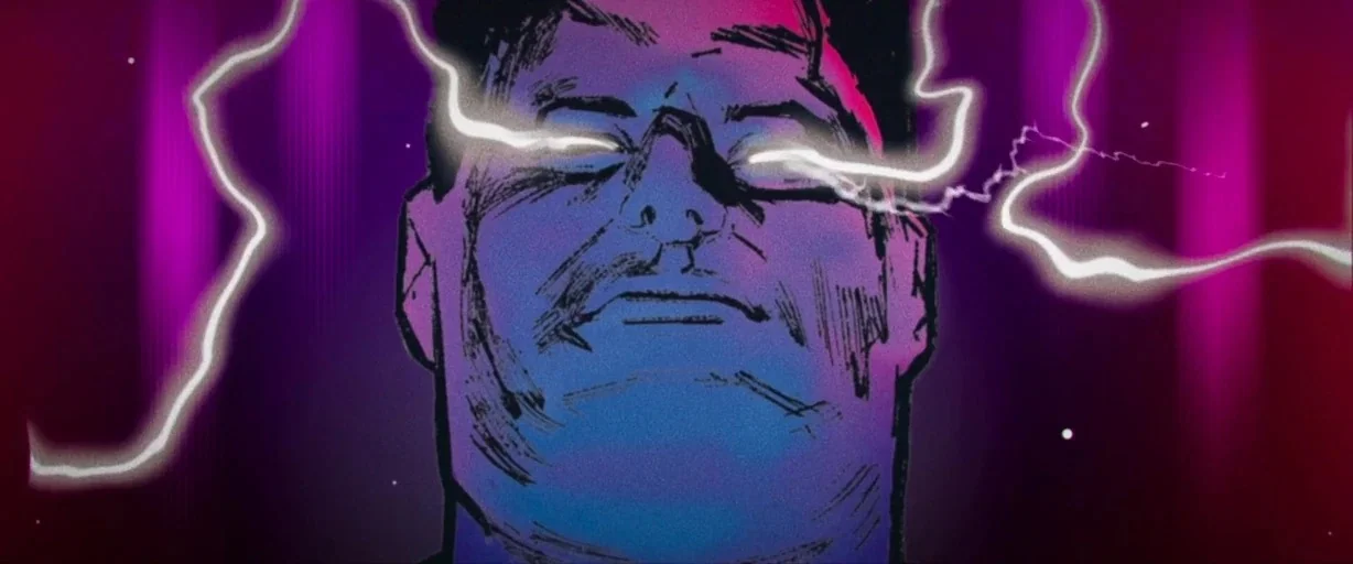 Archenemy (2020) movie still: closeup — An abstract stylized depiction of a man's face set against a magenta background. The man has glowing white…