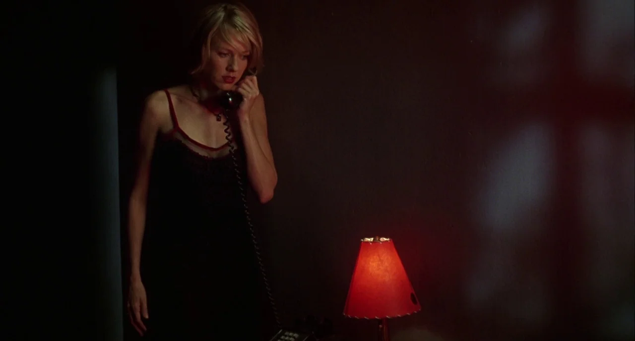 Mulholland Drive (2001) movie still: medium — A dimly lit room features a woman standing beside a dark, blank wall. The woman holds a black…
