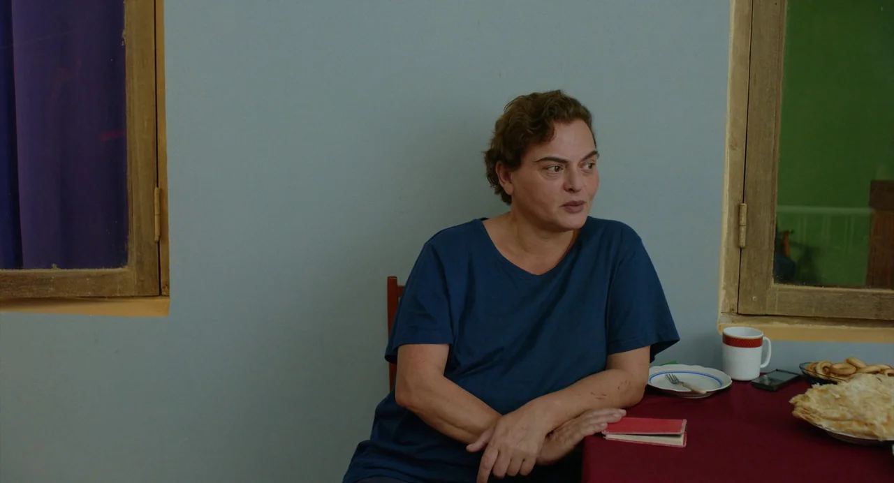 Blackbird Blackbird Blackberry (2023) movie still: medium — A plain interior with light blue walls and two windows with wooden frames. A middle-aged…