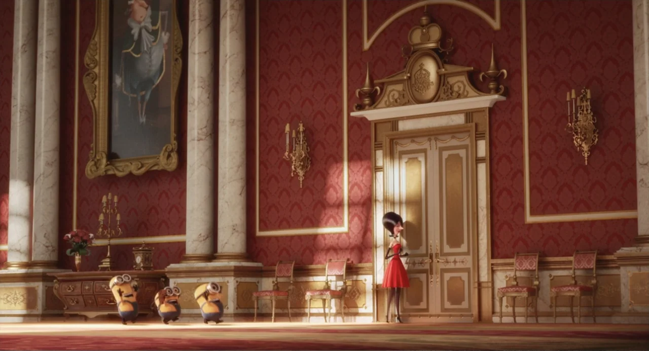 Minions (2015) movie still: wide — A grand, red-walled palace room features ornate molding and framed oil paintings. A woman stands waiting while…