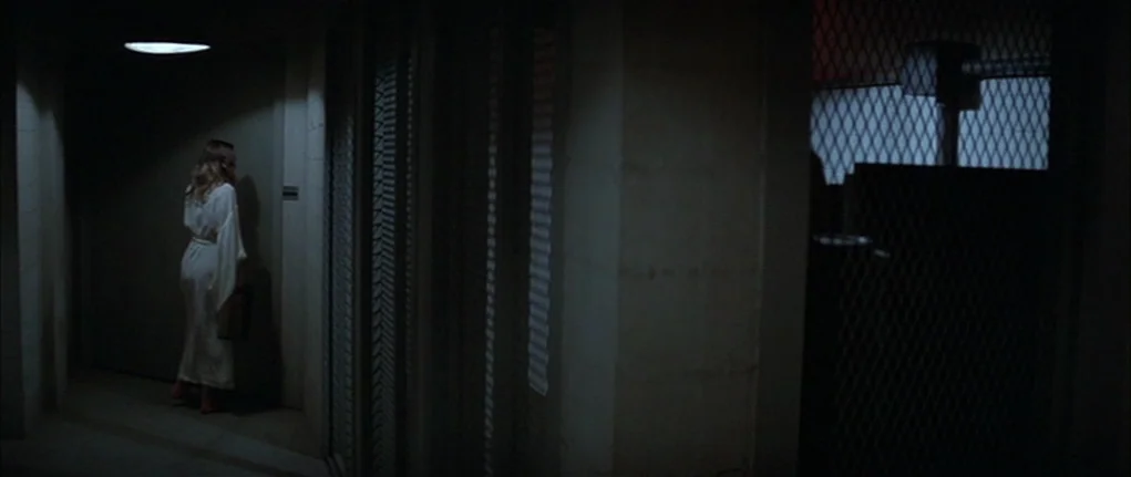 Demon Seed (1977) movie still: fullbody — A dark apartment corridor features concrete walls and a prominent metal security grate. A lone woman…