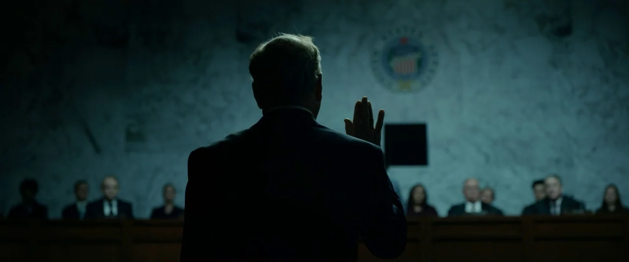 The Report (2019) movie still: medium — A high-ranking hearing takes place in a formal hall with a marble wall background. A man stands at a podium…