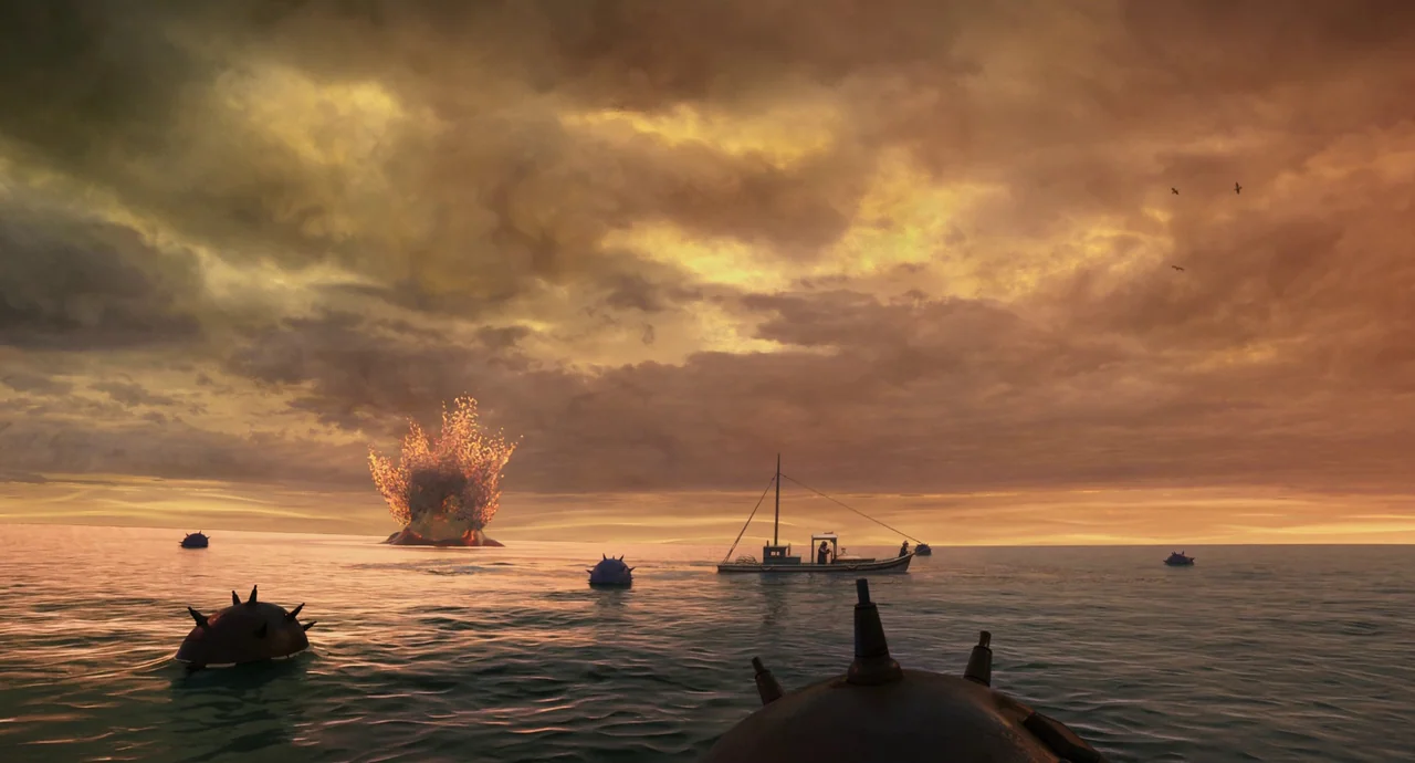 Guillermo del Toro’s Pinocchio (2022) movie still: wide — An open expanse of water is filled with numerous floating spiky naval mines at dusk. A…