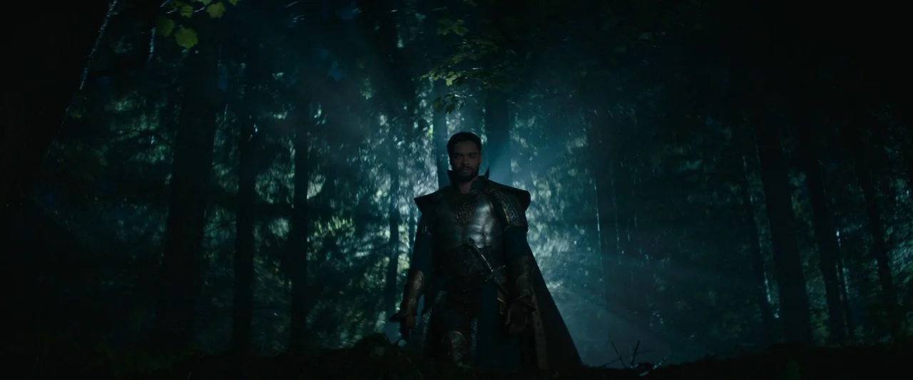 Dungeons & Dragons: Honor Among Thieves (2023) movie still: fullbody — A dense, dark woodland with thick trees surrounding a central figure. The…