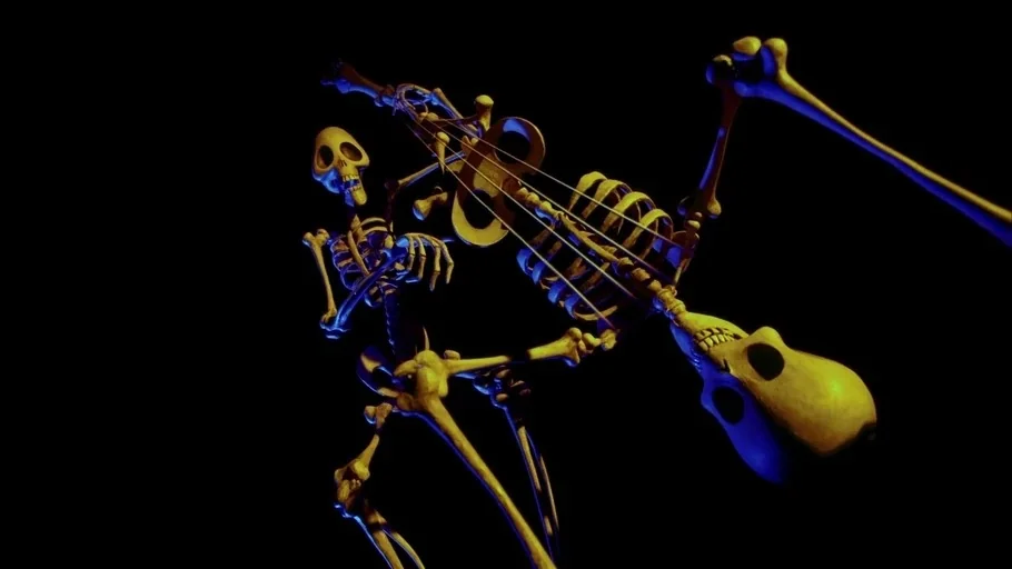 Corpse Bride (2005) movie still: medium — Two animated skeletal figures interact against a solid black backdrop. One skeleton holds a large stringed…