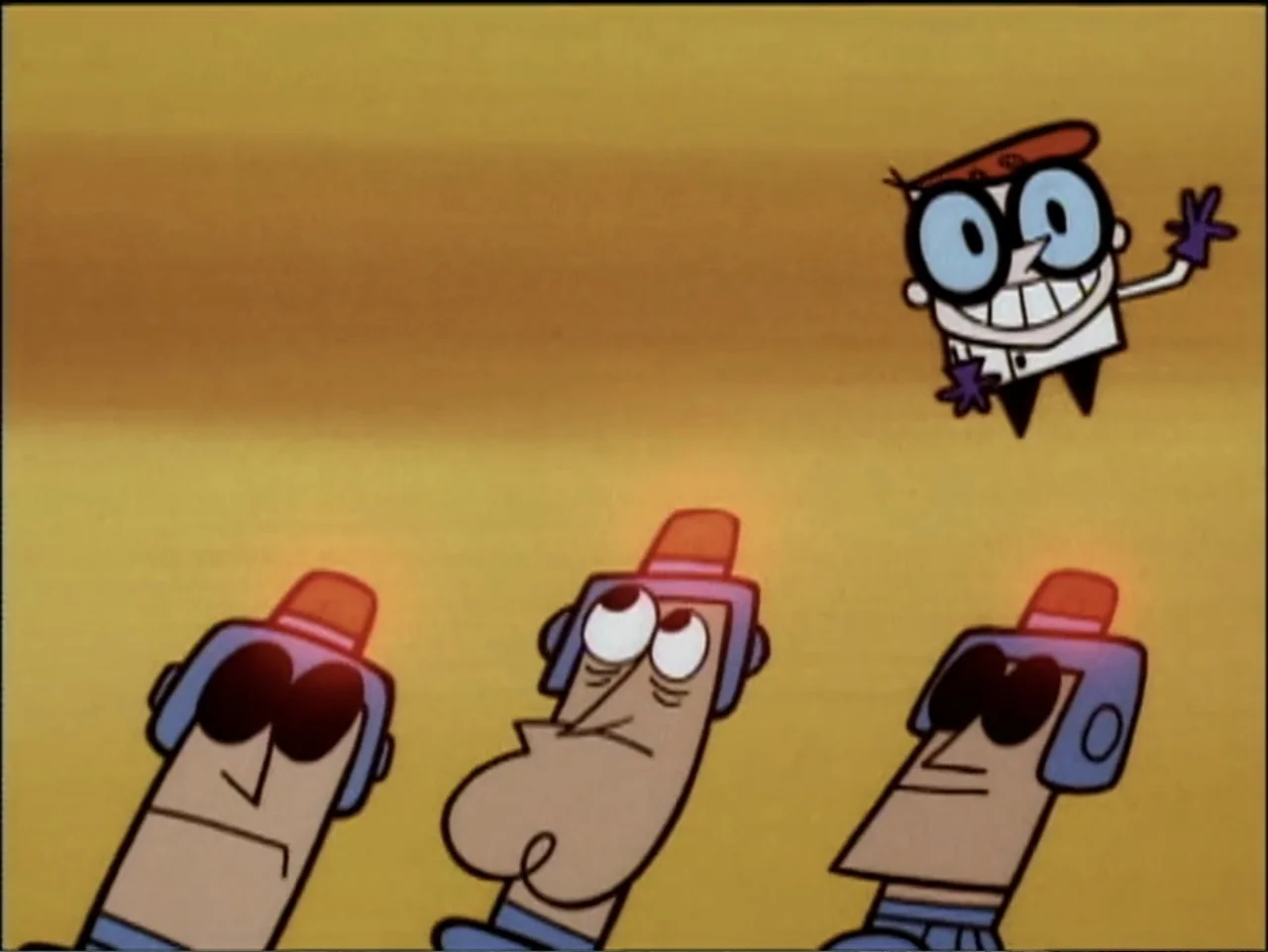 Dexter's Laboratory: Ego Trip (1999) movie still: medium — A flat yellow background frames a small boy floating above two standing guards. The…