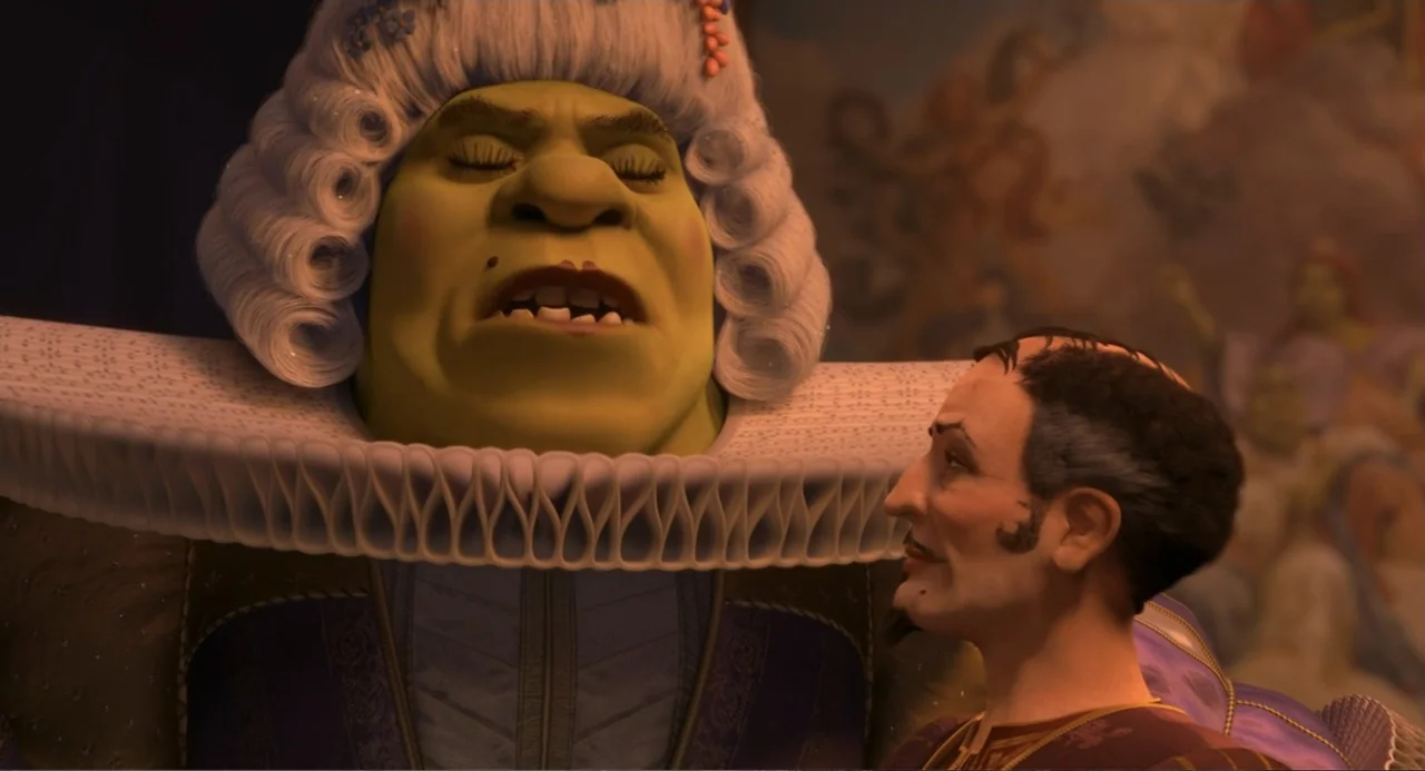 Shrek the Third (2007) movie still: medium — An opulent interior space featuring ornate mural work and dark wood paneling. A large ogre in an…