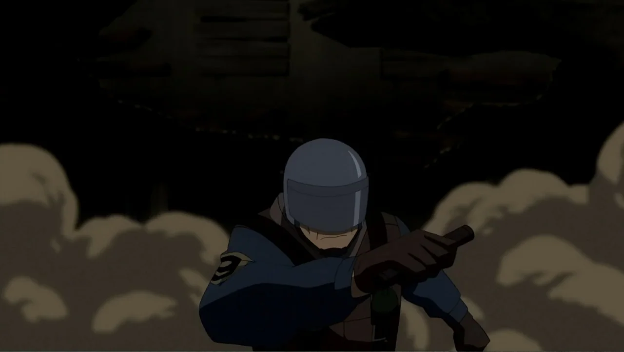 Batman: Year One (2011) movie still: medium — A dark, smoke-filled area with indistinct debris in the background. A soldier wearing a blue tactical…