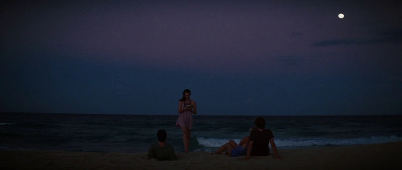 The Ruins (2008) movie still: wide — A dark, expansive beach at night under a clear sky with a visible moon. A group of three young adults sit and…