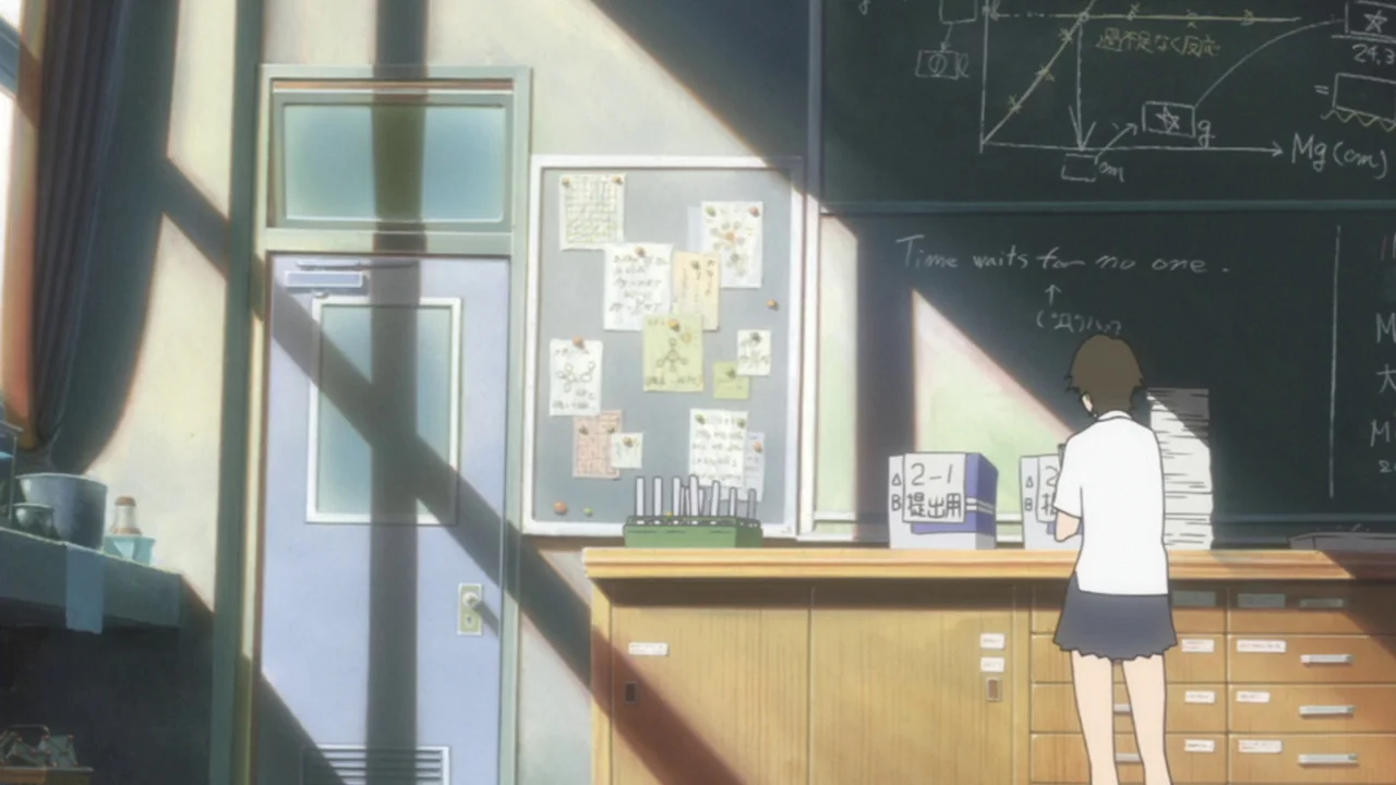 The Girl Who Leapt Through Time (2006) movie still: medium — A Japanese science lab features a large chalkboard with formulas and a notice board.…
