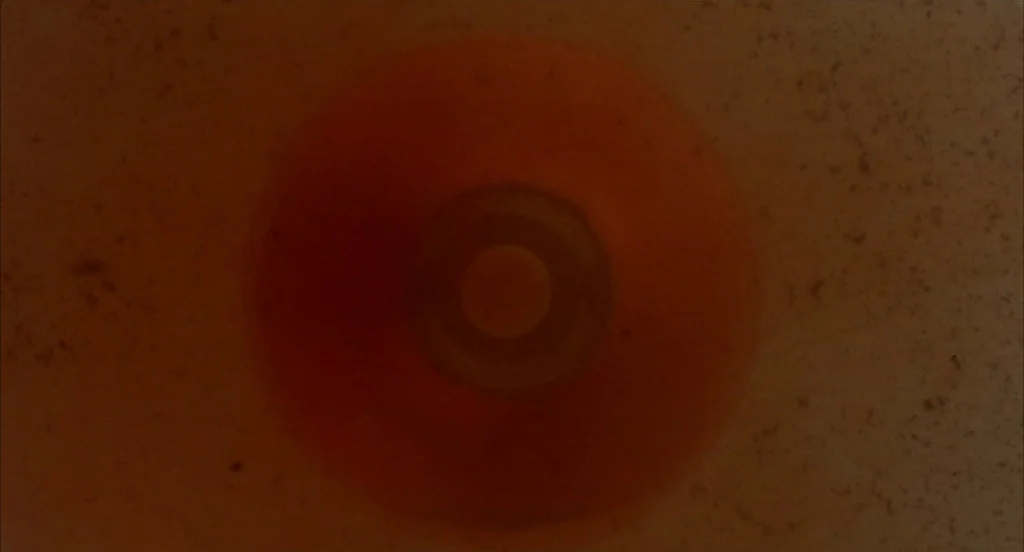 Trainspotting (1996) movie still: closeup — A close-up view shows a circular aperture within a textured, grainy surface. The object is rendered in…