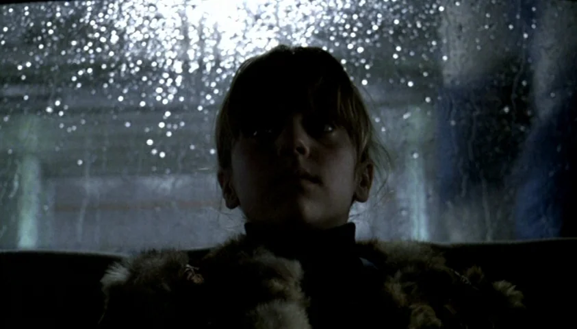 The Seventh Continent (1989) movie still: medium — A young girl sits inside a car at night while rain streaks the window. The background remains…