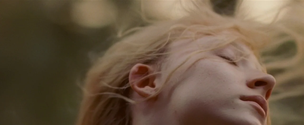 Hanna (2011) movie still: closeup — An outdoor environment features soft bokeh of foliage blurred in the distant background. A young woman with pale…
