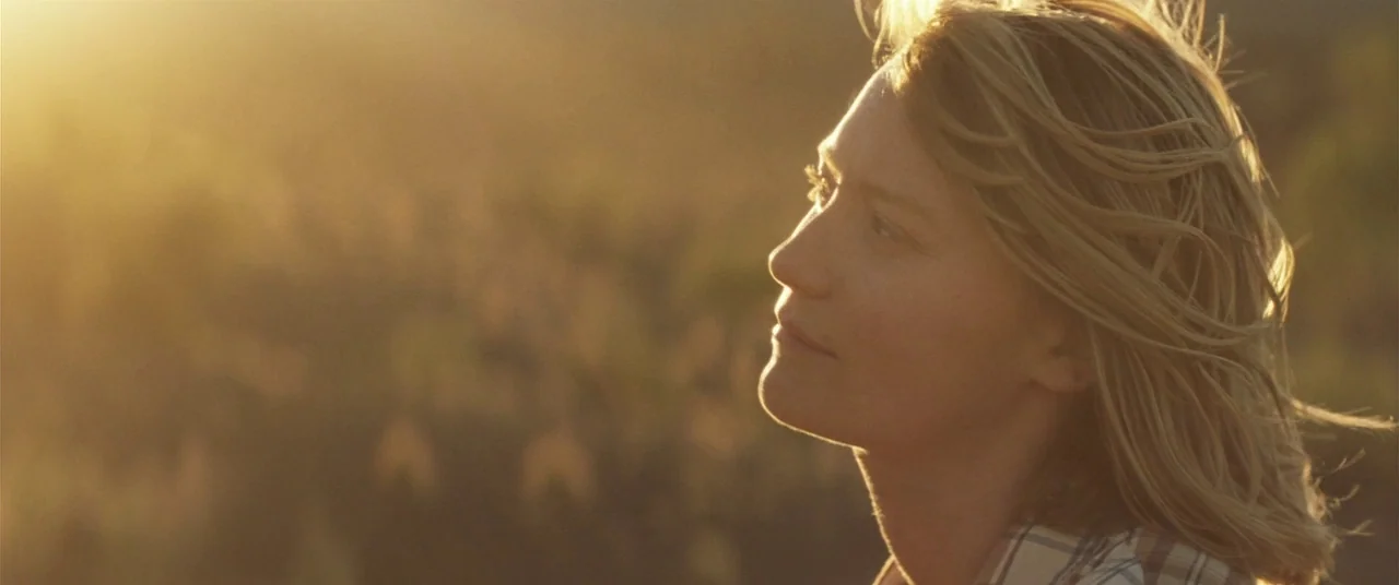 Tracks (2013) movie still: closeup — An outdoor field is illuminated by the intense golden light of the setting sun. A woman with blonde hair stands…