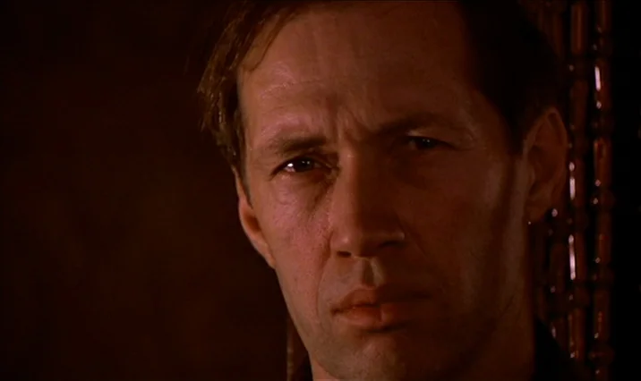 The Serpent’s Egg (1977) movie still: closeup — A dimly lit interior space features dark walls and a beaded curtain edge. A man in his forties looks…