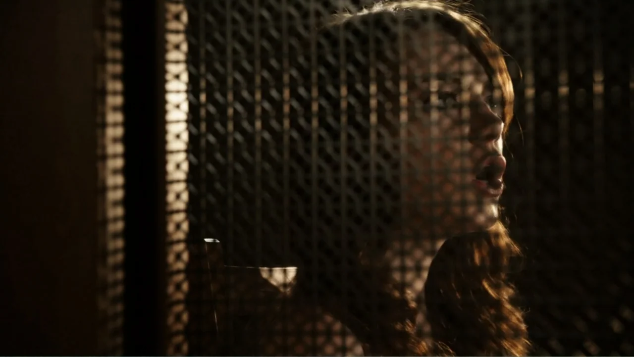 Easy A (2010) movie still: closeup — A dark confessional booth interior features a heavy metal mesh screen in the foreground. A young woman with…